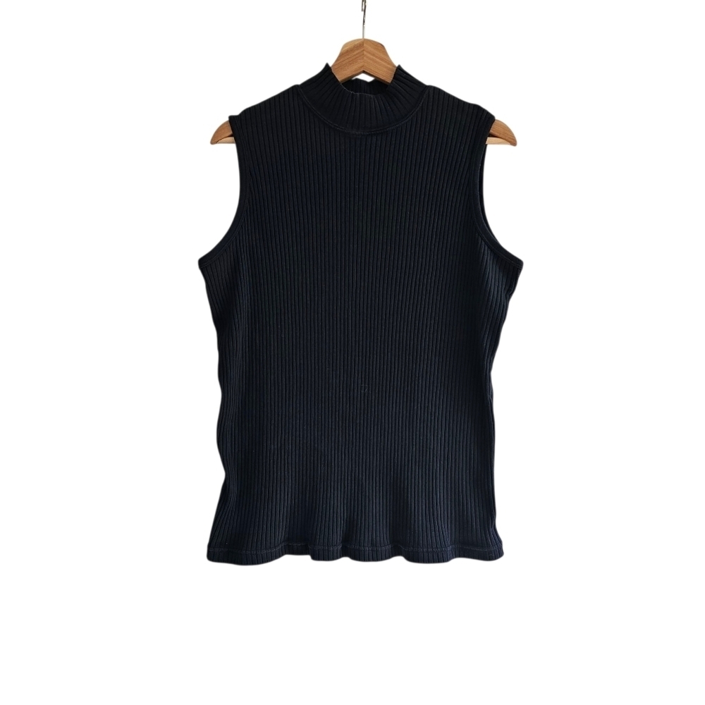 Vintage Extra Touch Mock Neck Sleeveless Ribbed Top, Black, Size Large